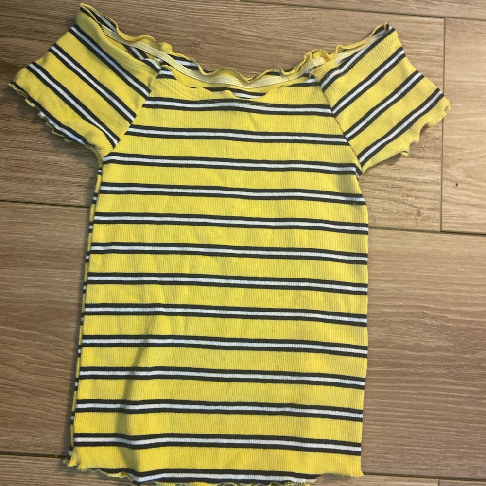 Yellow,blue,white stripped off the shoulder top